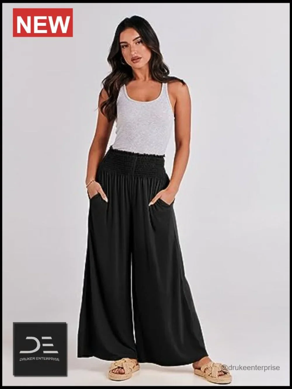 Wide Leg Palazzo Pants with Pockets, High Rise Smocked Waist, Summer Boho - Picture 6 of 7